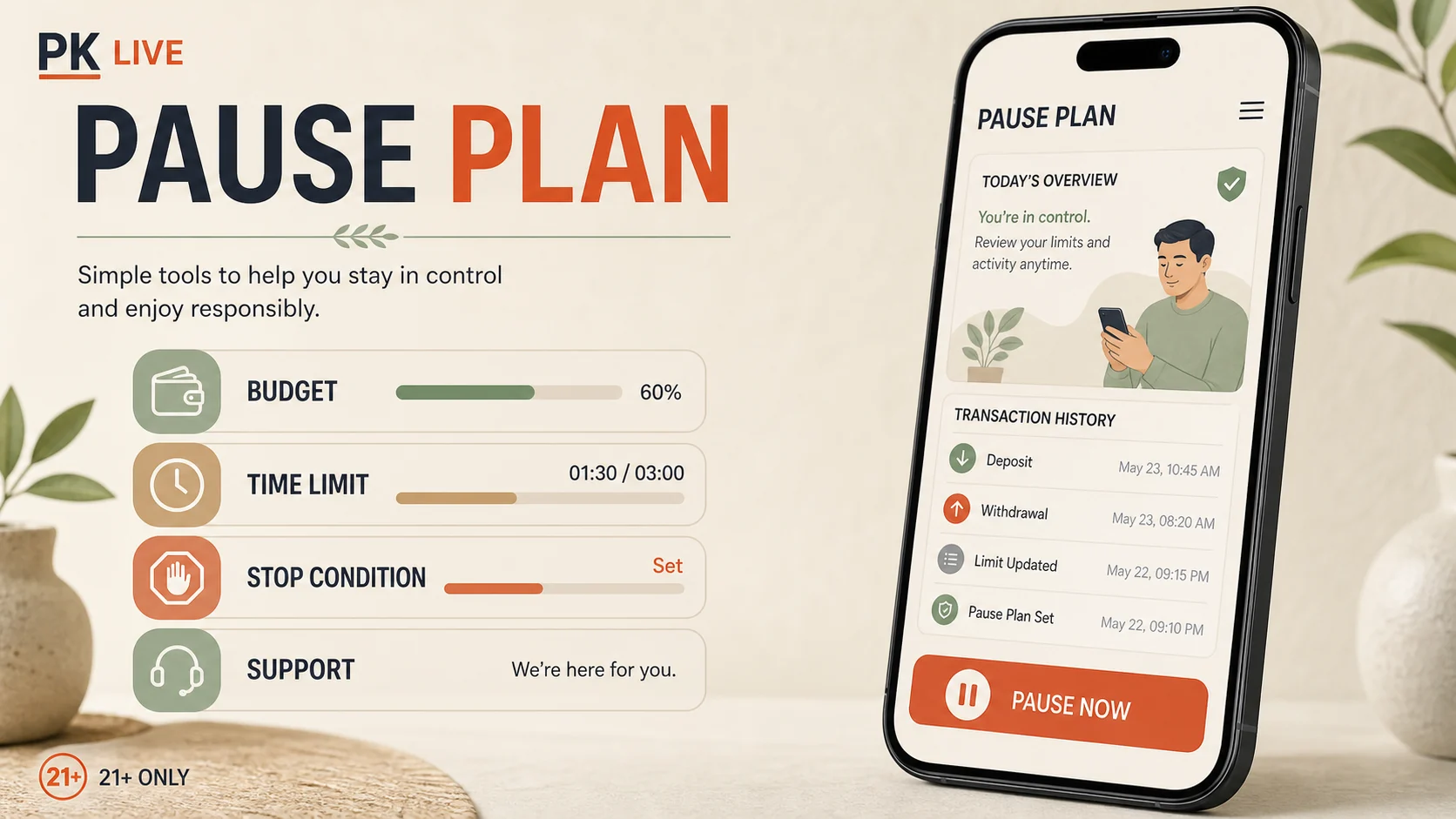 Responsible play pause plan with budget time and support controls
