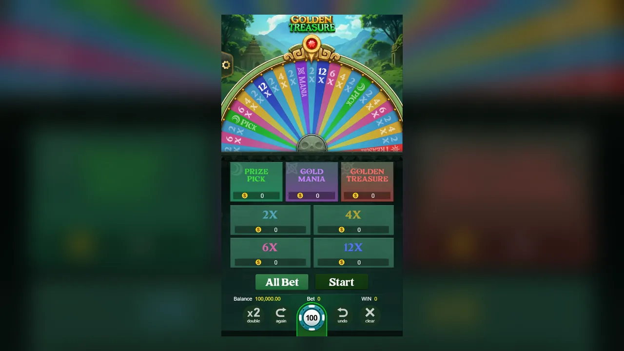 Official Golden Treasure main screen with labelled bonus areas and betting controls