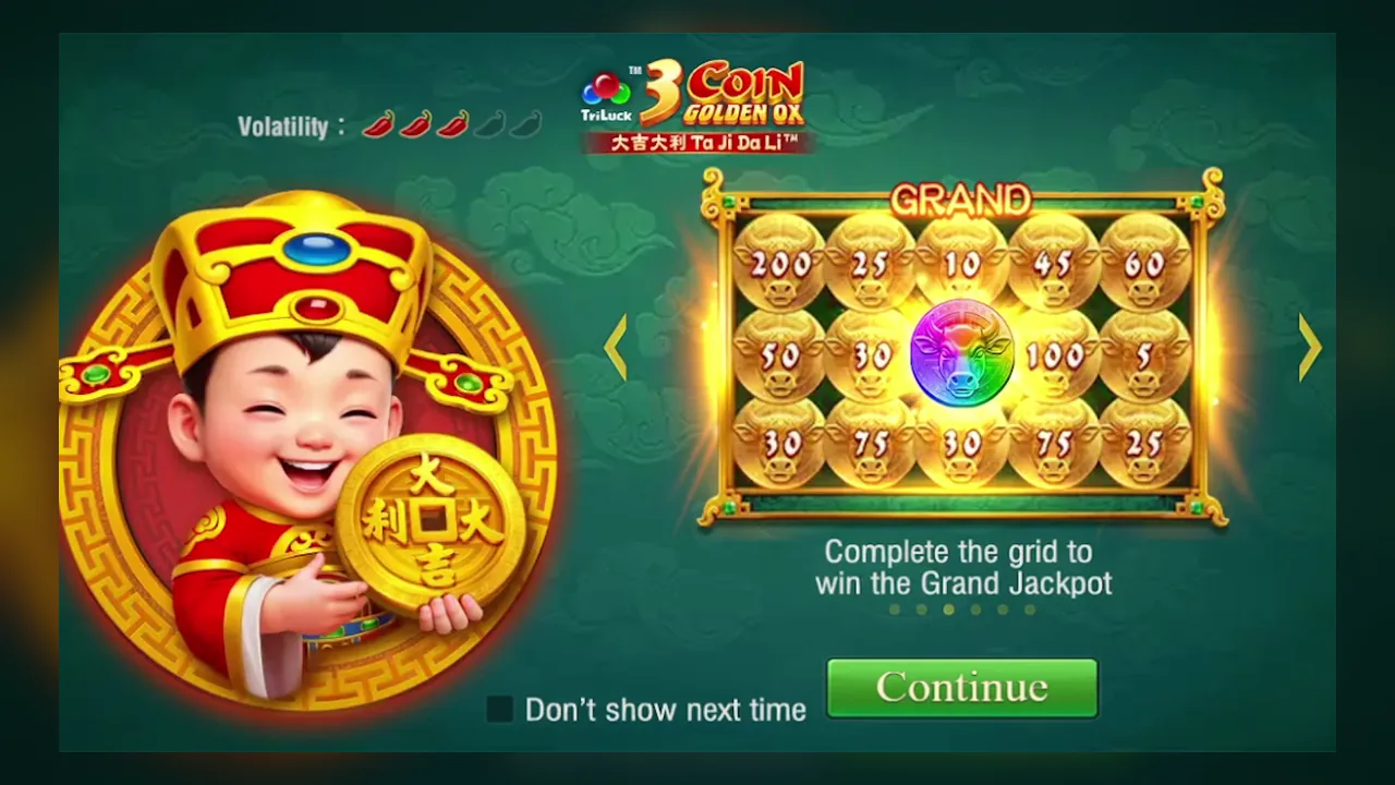 Official 3 Coin Golden OX tutorial stating Complete the grid to win the Grand Jackpot