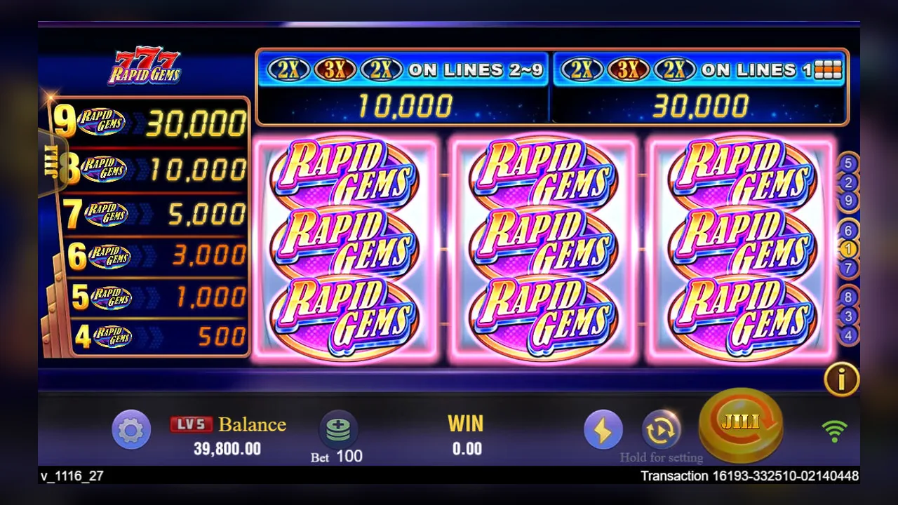 Official Rapid Gems 777 screen showing all nine positions filled with Rapid Gems