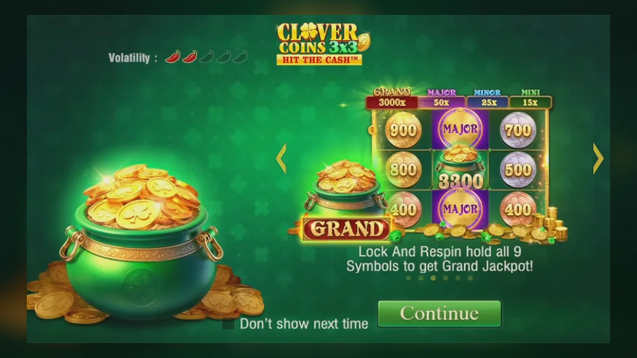 Official Clover Coins 3x3 screen stating that holding all nine symbols gets the Grand Jackpot