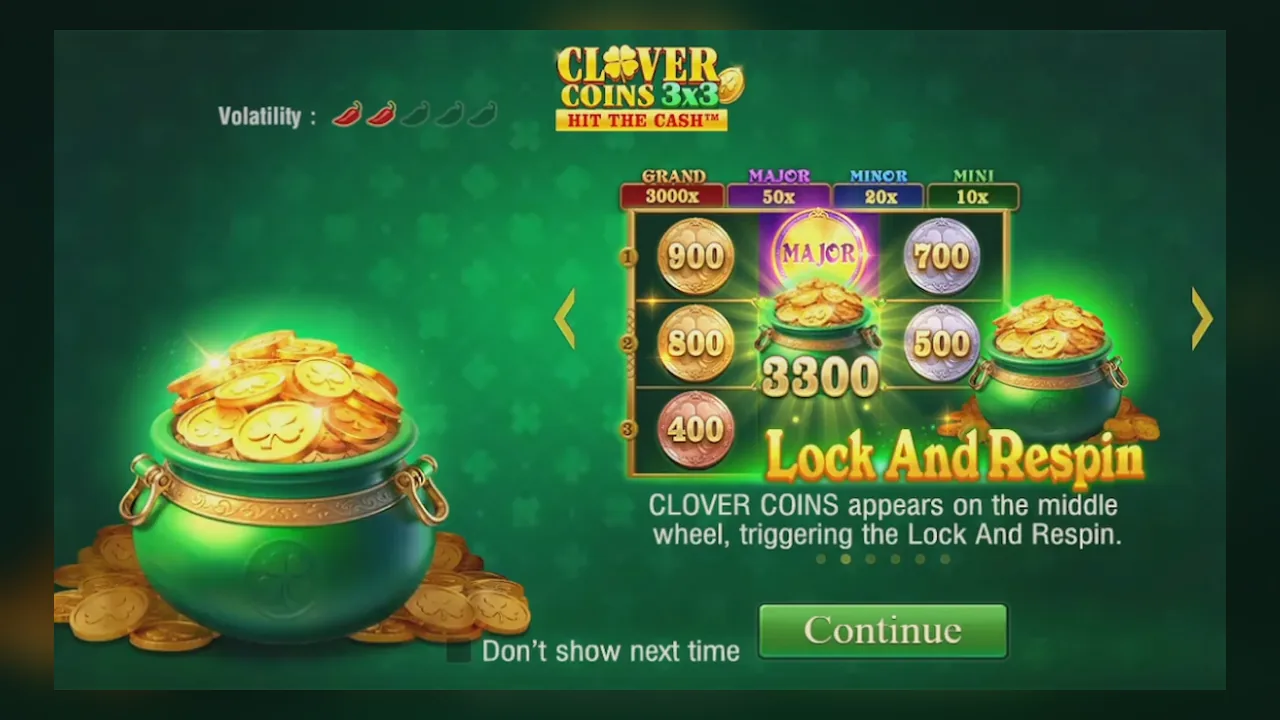 Official Clover Coins 3x3 screen tying the middle-wheel CLOVER COINS symbol to Lock and Respin