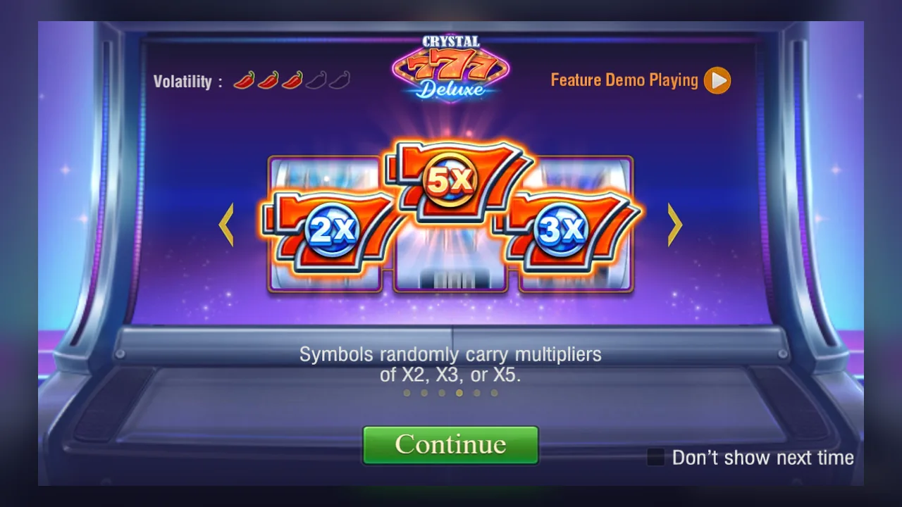 Official Crystal 777 DELUXE tutorial showing 2x 3x and 5x symbol multipliers