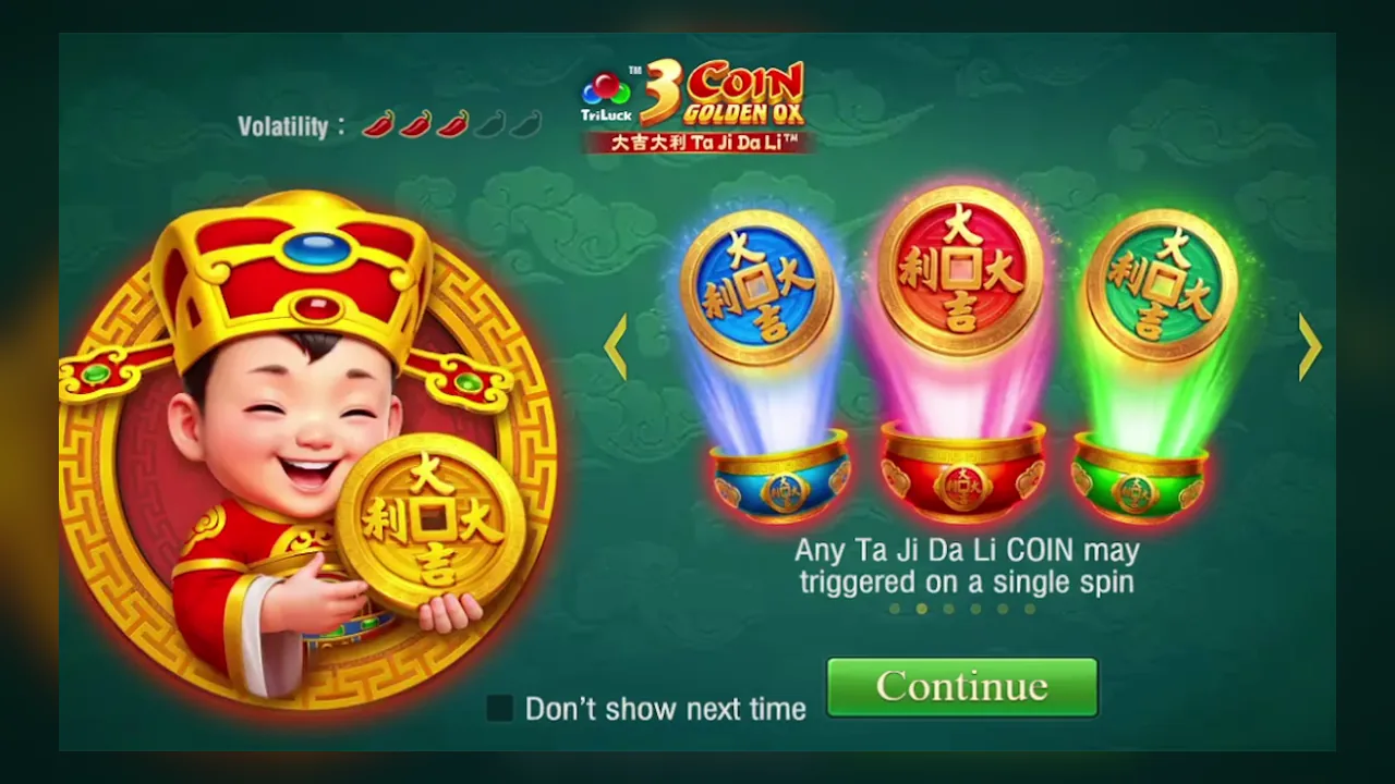 Official 3 Coin Golden OX tutorial showing blue red and green Ta Ji Da Li coins and matching pots