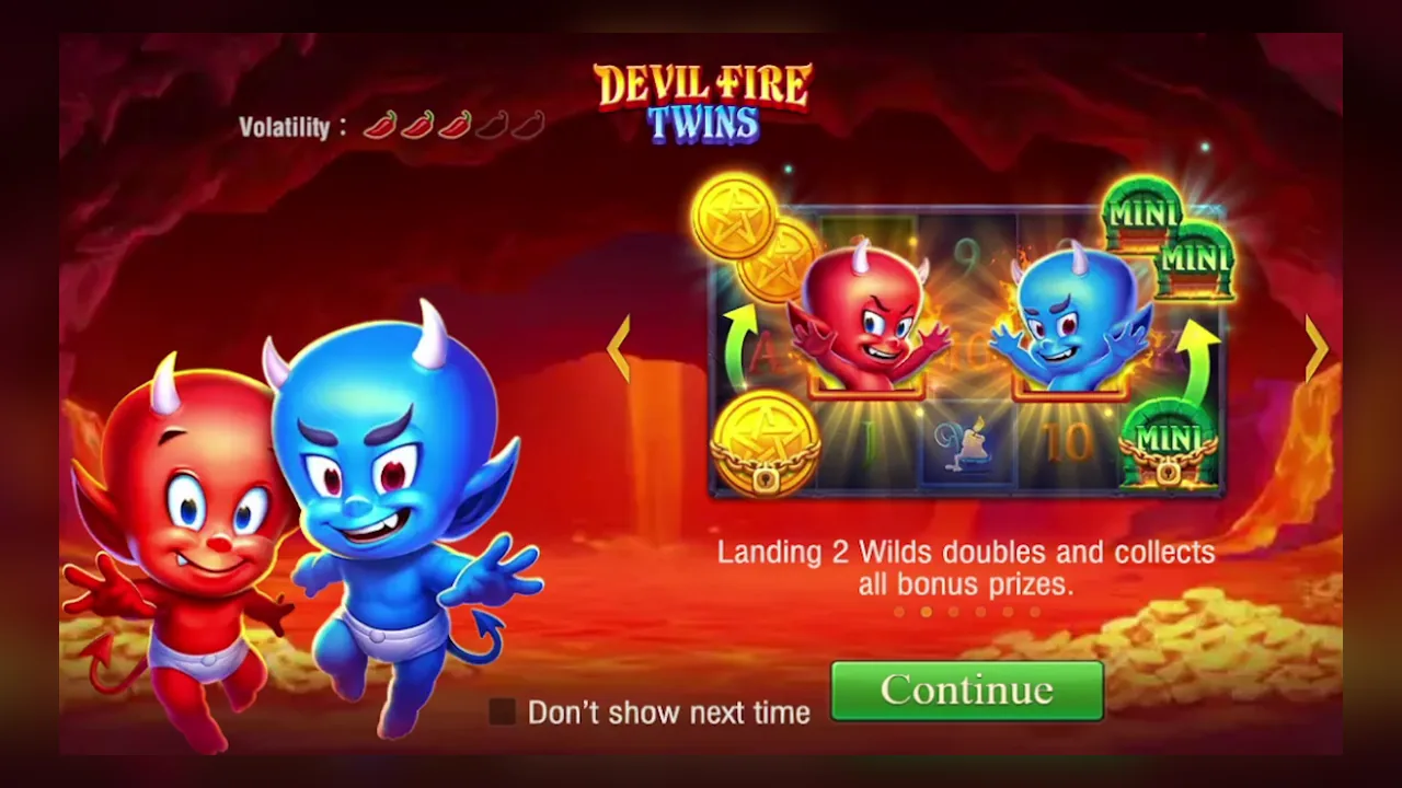 Official Devil Fire Twins screen stating that two Wilds double and collect all bonus prizes