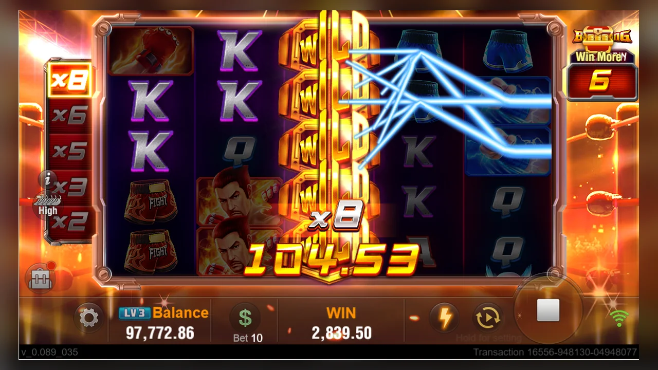 Official Boxing King Free Game screen with x8 ladder, stacked Wilds and a separate counter