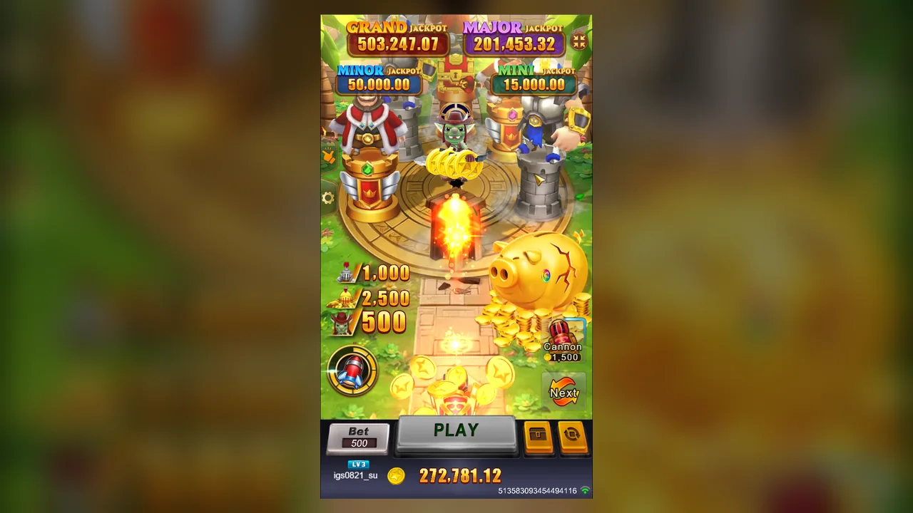 Crazy Hunter 2 official main screen with cannon, piggy bank, stake and jackpot displays