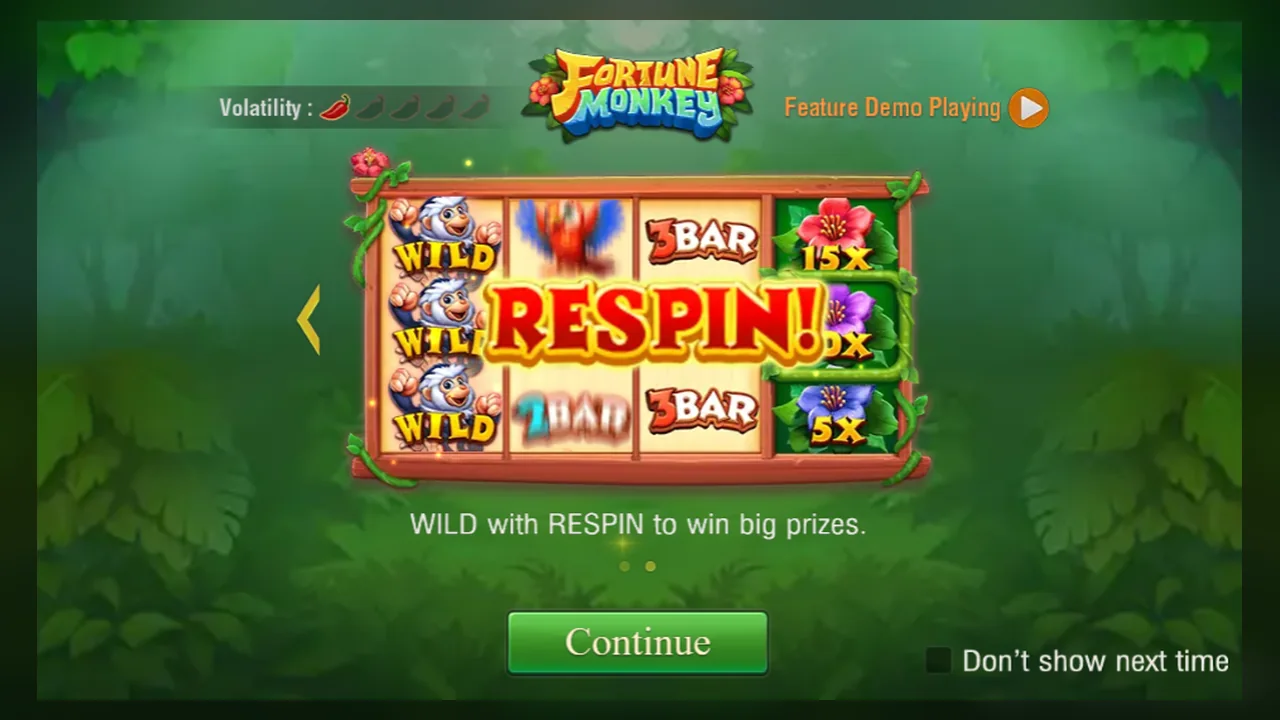 Fortune Monkey official respin tutorial with a full Wild column and RESPIN message