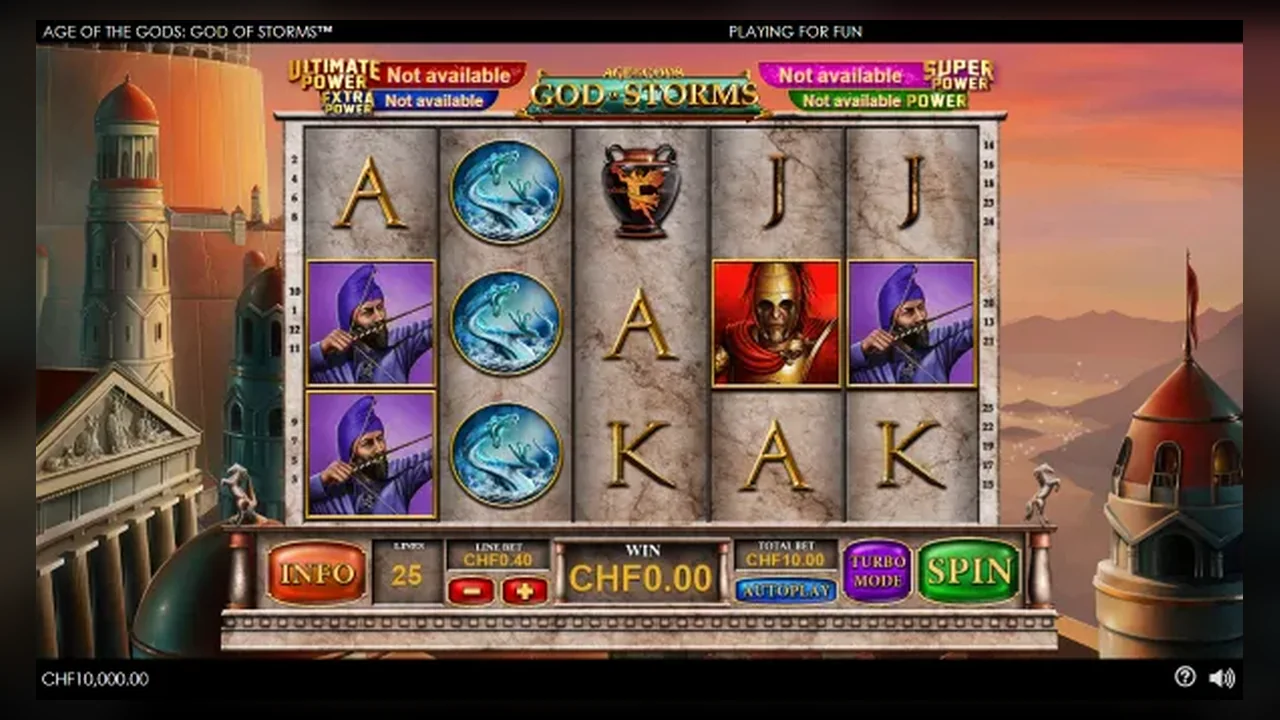 Original God of Storms fun-play base screen with unavailable jackpot headings