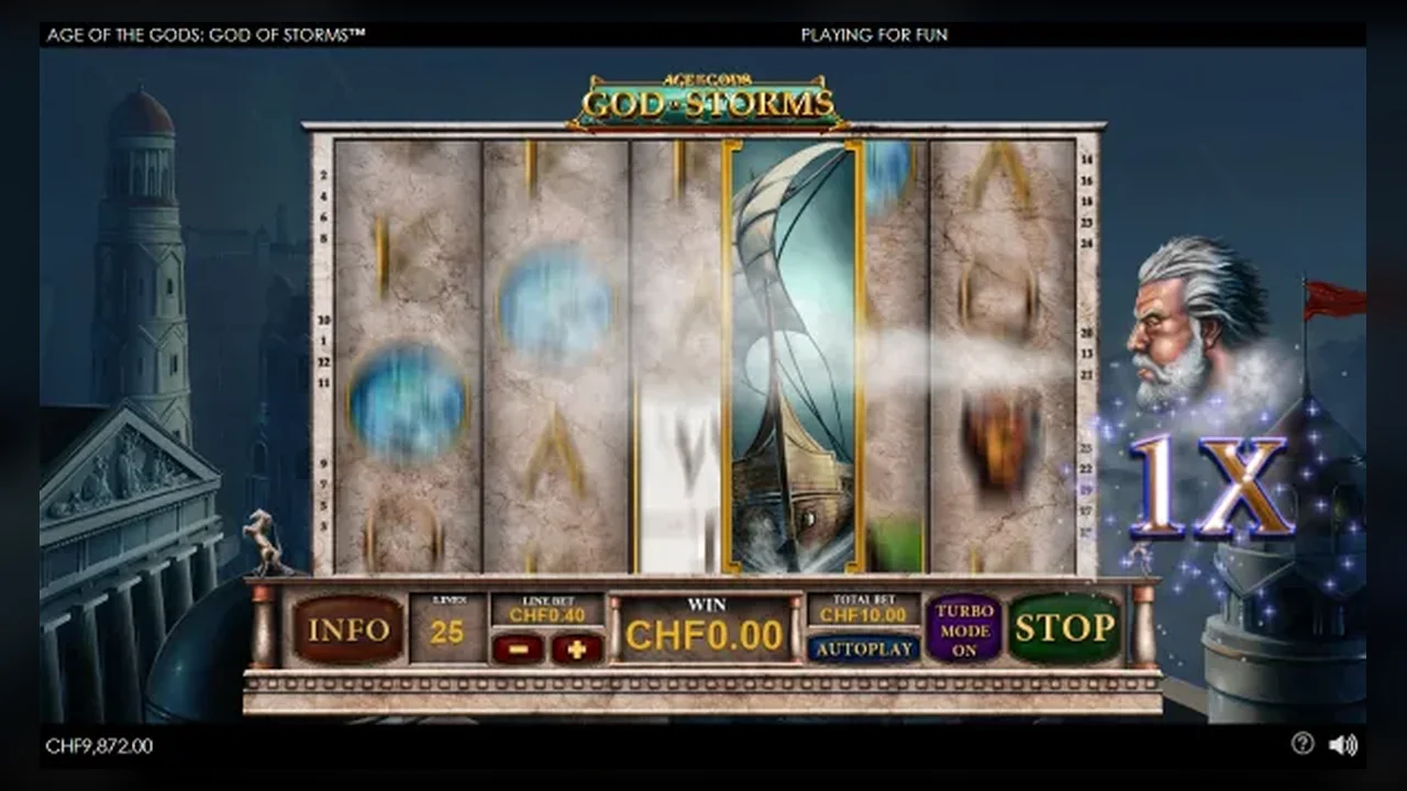 God of Storms Ship Wild respin screen with full-reel ship and 1x multiplier