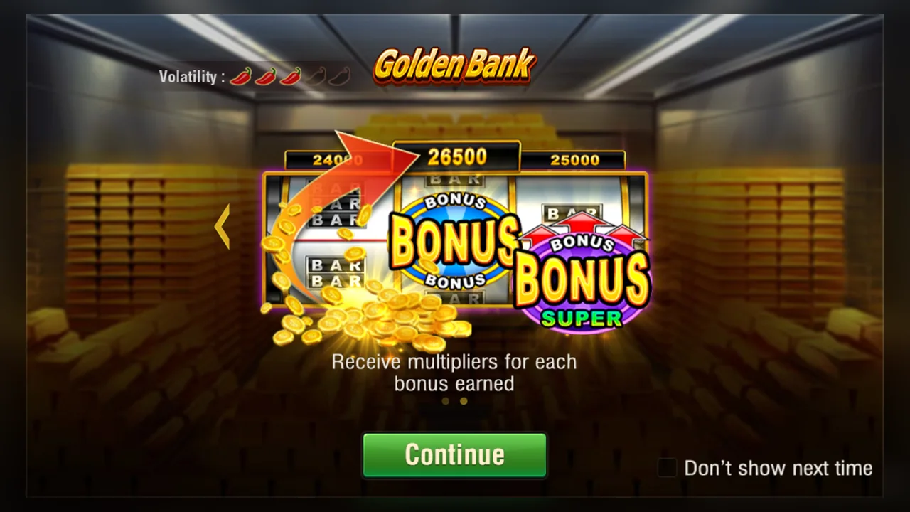 Golden Bank official tutorial with bonus values and Bonus and Super Bonus symbols