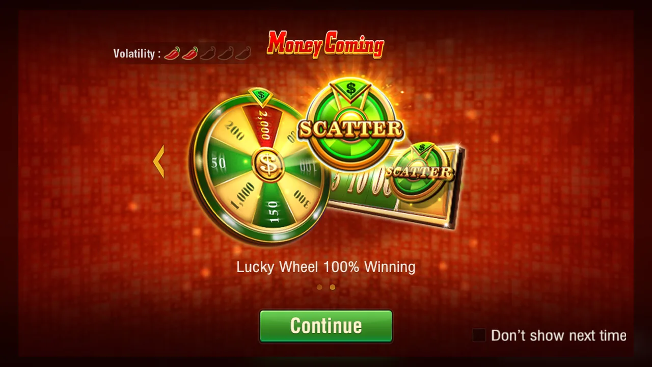 Money Coming official Lucky Wheel tutorial showing green Scatter and wheel segments