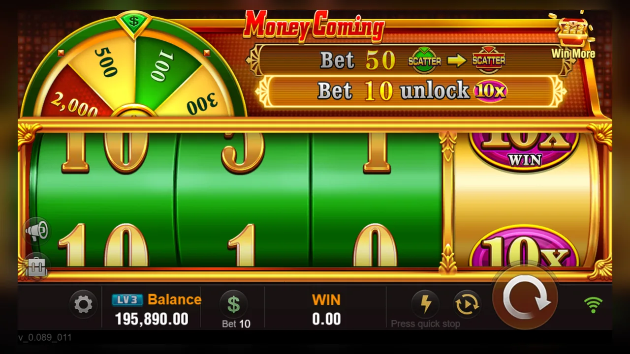 Official Money Coming interface with number positions, special reel and bet-unlock labels