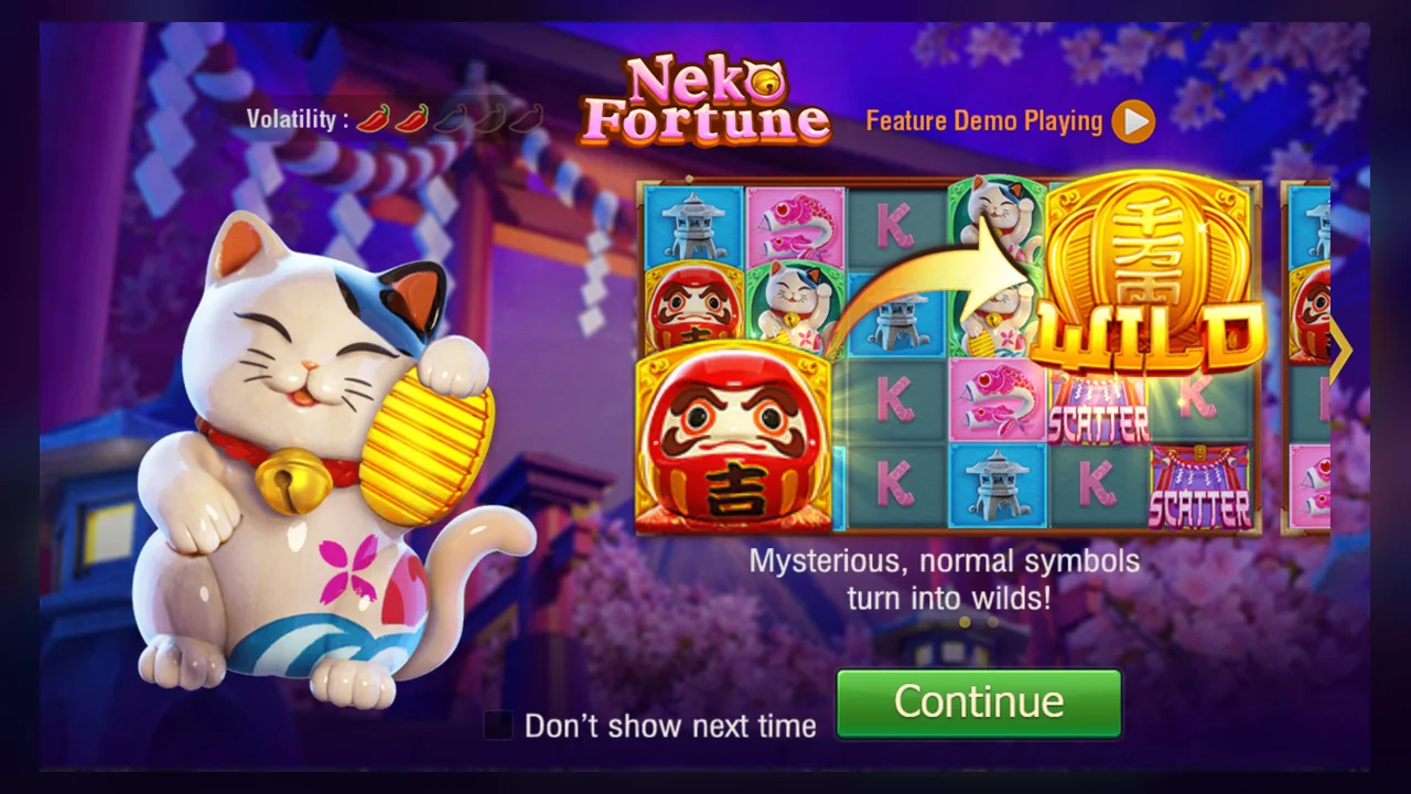 Neko Fortune official tutorial showing red mystery doll and Wild transformation arrow