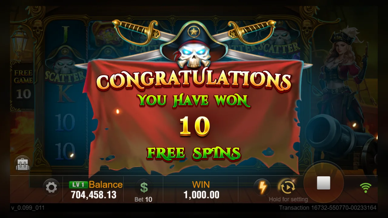 Official Pirate Queen entry screen awarding 10 Free Spins with separate counter