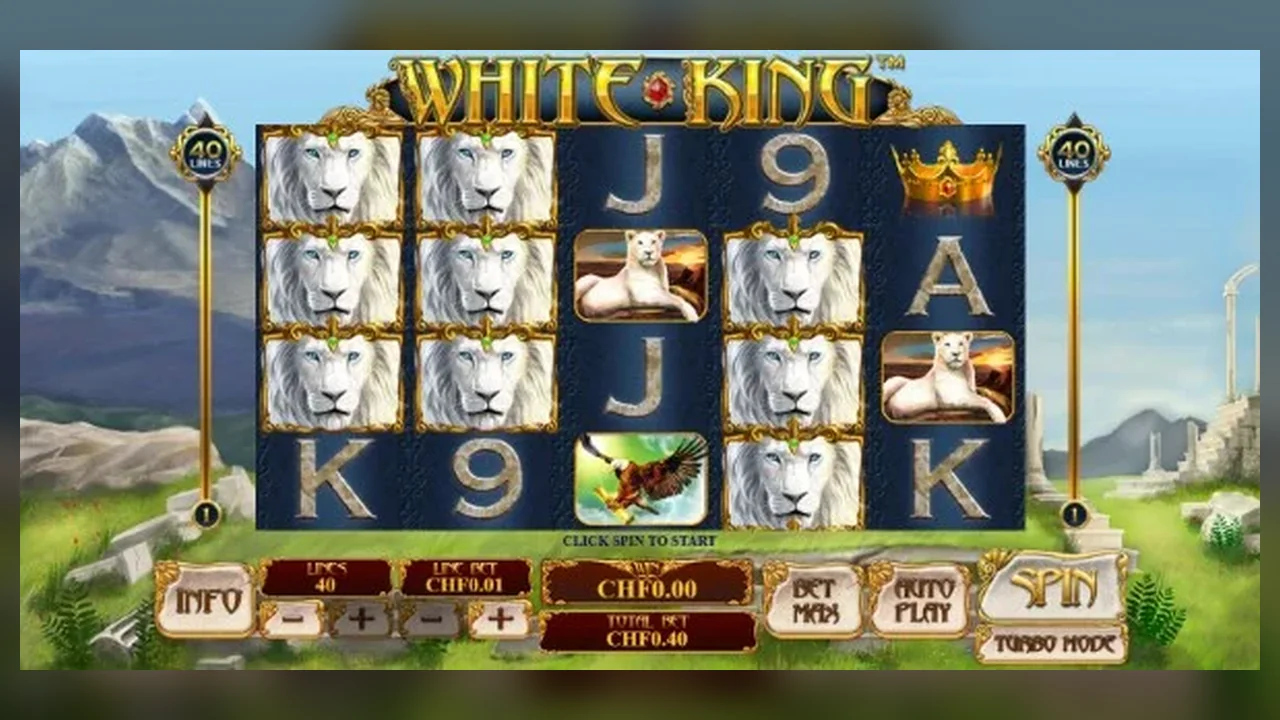 White King five-reel screen with stacked lion Wilds and separate line and total stake fields